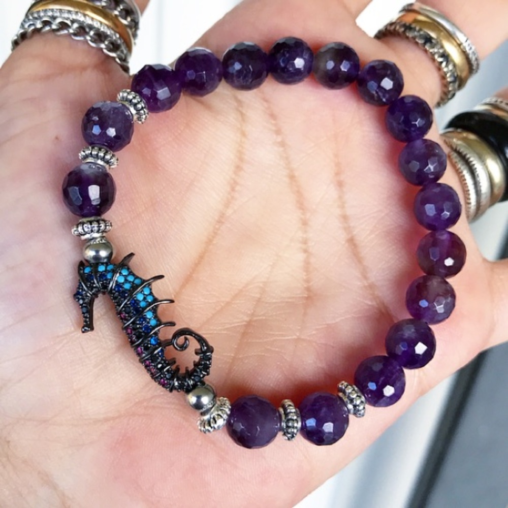 Genuine faceted amethyst & cz seahorse bracelet - Picture 2 of 8